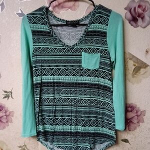 American Dream Mint and Black Geometric Long Sleeve Top